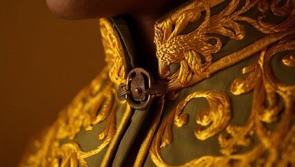 Intricate Golden Embroidery on a Luxurious Garment with clasp detail