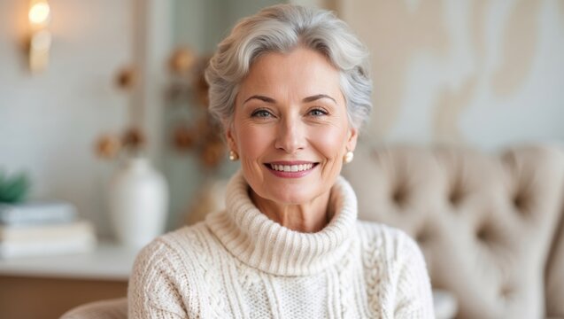 Close up image of happy good looking elegant fifty year old woman wearing warm cozy jumper, pearl earrings and short stylish hairdo being in good mood sitting in living room, smiling broadly at camera