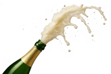 Green champagne bottle opening with sparkling wine and foam splashing out, symbolizing celebration, party, and luxury. Transparent background