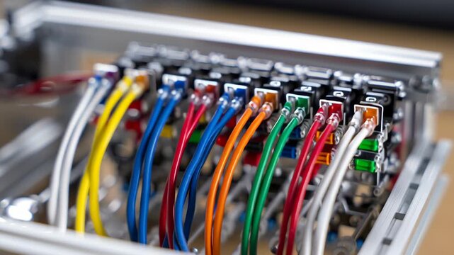 A bunch of wires are connected to a device. Close-up wiring harness color coded robotic education kit teaching fundamental robotics architecture, robotic education kit