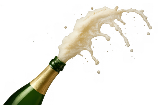 Green champagne bottle opening with sparkling wine and foam splashing out, symbolizing celebration, party, and luxury. Transparent background - Powered by Adobe