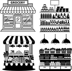 Black and White Grocery Store and Supermarket Icons Set