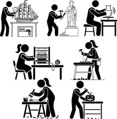 Handicraft, Art, and Hobbies Making Process Black Icons Set