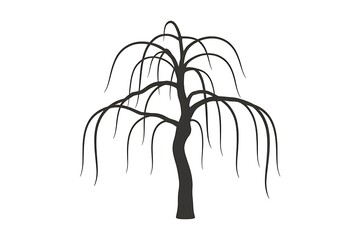 Black silhouette of a bare weeping willow tree with gracefully curved branches on a white background