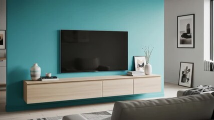 Minimalist living room with teal accent wall and floating wooden media console