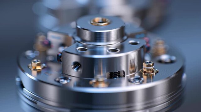 A metal object with a hole in the middle. Close-up surgical robot actuator module internal mechanical detail, precision fabricated surfaces, surgical robot system