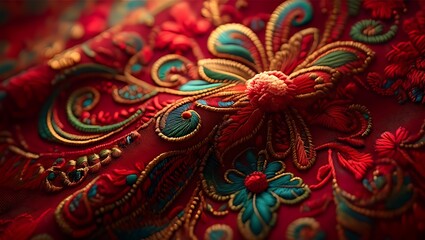 Intricate red fabric embroidery with floral and paisley designs beautiful background