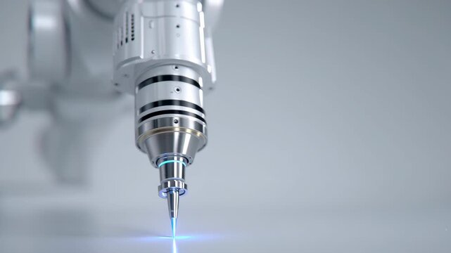 A robot is holding a needle with a blue light on it. The needle is pointed. Close-up surgical robot micro ultrasound module integrated tool tip, high clarity medtech aesthetic, surgical robot system