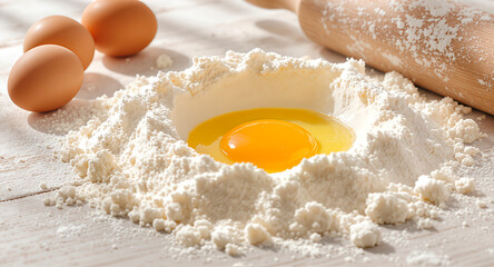 Fresh eggs and a raw egg yolk are surrounded by flour on a wooden surface, with a rolling pin in the background, creating a culinary preparation scene for baking