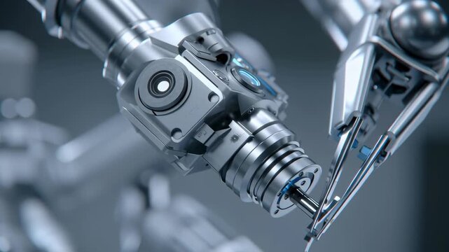 Close-up surgical robot multi tool switching assembly cinematic engineering documentation style, surgical robot system