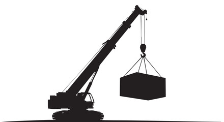 A silhouette of a crane lifting a container, symbolizing construction, industry, and logistics against a clean white backdrop, representing power and movement.