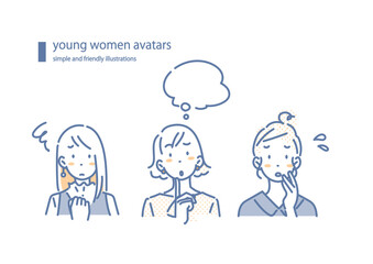 悩み事を抱える若い女性たち　シンプルでお洒落な線画イラスト