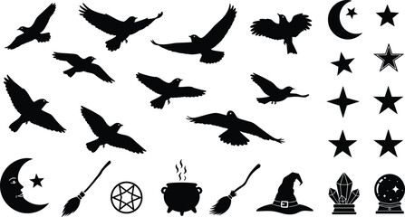 Mystical silhouette icons, flying birds, witchcraft symbols, magical items, celestial elements, Halloween theme, black vector graphics, flat vector illustration
