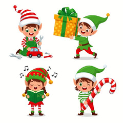 Cute Christmas Elves with Gifts and Candy Canes
