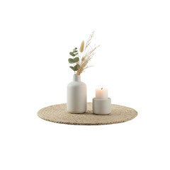 scented candle set with dried flowers and ribbon, white background