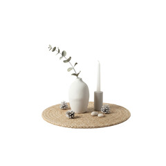 woven placemat with ceramic vase and candle, Scandinavian decor style , white background