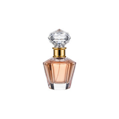 Luxury glass perfume bottle with pink scented liquid for cosmetics and beauty isolated on white
