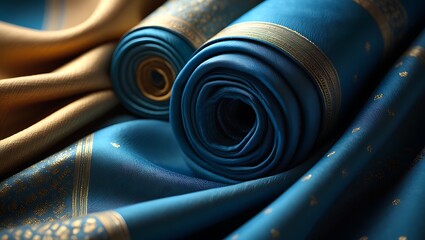 Luxurious Indian silk sari fabric rolls in blue and gold tones