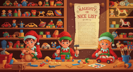 Naklejka premium Holiday Elves Hard at Work Crafting Toys for the Naughty or Nice List