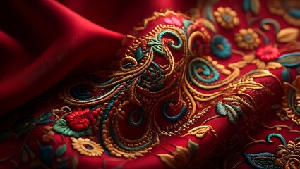 Luxurious red fabric with intricate colorful embroidery design close up