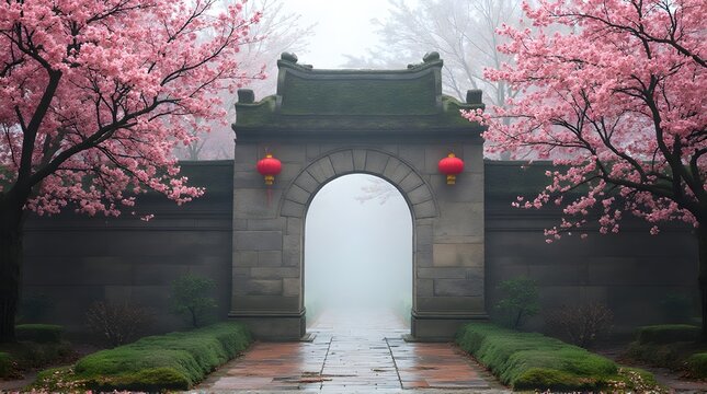 Mystical Stone Gate with Cherry Blossoms and Red Lanterns in Foggy Asian Garden
