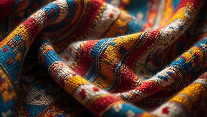Macro shot of colorful textile with intricate pattern and texture
