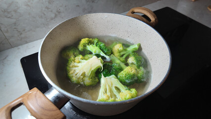Broccoli cooking in a pot on a stovetop