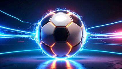 Fototapeta premium Illuminated Soccer Ball: A dynamic perspective of a soccer ball illuminated with vibrant neon lights and energy streaks, it encapsulates the fervor and excitement.