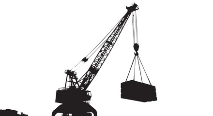A silhouette of a harbor crane lifting a container, illustrating shipping, logistics, and international trade against a white background.