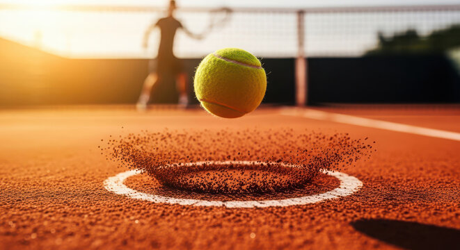 Tennis ball in mid air on clay court