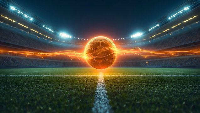 A glowing soccer ball on a green field is like an exciting game.