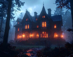 Spooky Victorian mansion in a dark, misty forest at twilight with warm lights