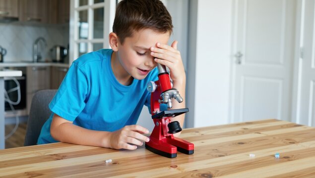 Young boy is looking through a microscope with a concerned expression at the kitchen table - Powered by Adobe