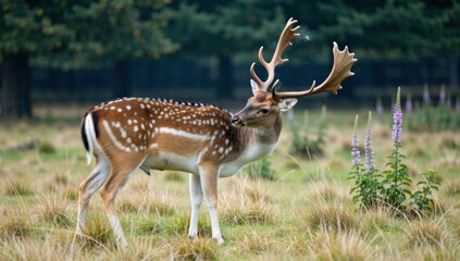 Majestic fallow deer buck with large antlers standing in a meadow in a forest environment