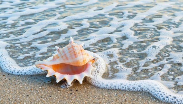 Beautiful seashell on the sandy beach being washed by the foamy waves of the sea in the warm sunlight