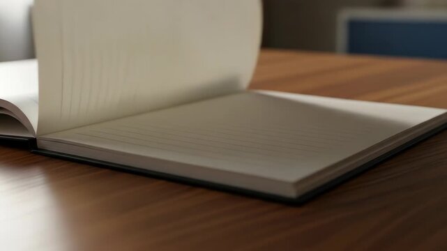 Opened lined notebook laying on a wooden table, one page is turning