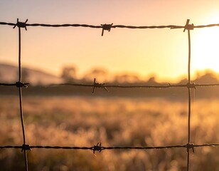 Wire fence detail against a blurred, golden-hued sunrise over a grassy field
