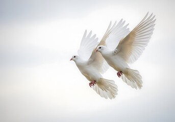 Fototapeta premium Two elegant white doves gracefully soaring through a soft ethereal sky symbolizing peace and freedom