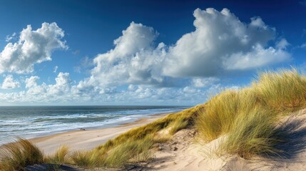 Beautiful photo of panoramic landscape background banner panorama of sand dune, beach and ocean North Sea with blue sky.