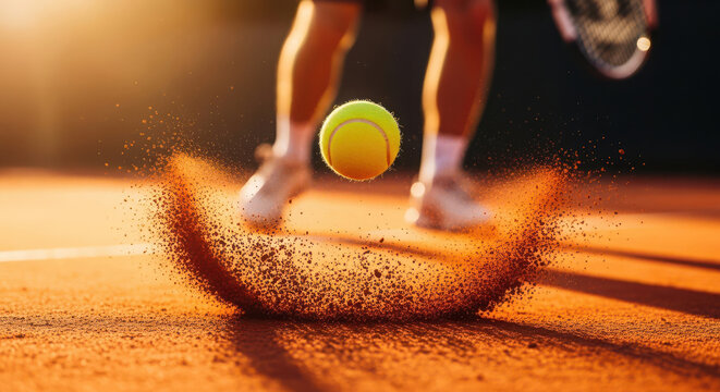 Tennis player serves ball on clay court action shot