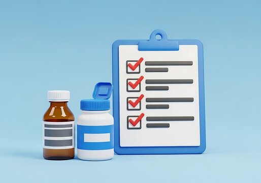 Medical checklist and prescription bottles representing healthcare tasks and medication management