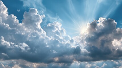 Beautiful photo of summer weather / cloudscape landscape background banner - Blue sky with clouds and sun sunshine sunbeams sun rays.