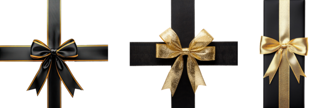 Three black gift boxes with gold ribbons and bows on a white background.