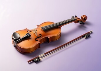 Fototapeta premium A classic wooden violin and its bow are artfully arranged on a soft lavender background showcasing their elegant design