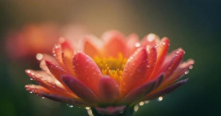 Vibrant close-up of a delicate pink flower adorned with glistening morning dew drops, capturing the serene essence of a tranquil dawn in a lush garden, bathed in soft, ethereal light - Powered by Adobe