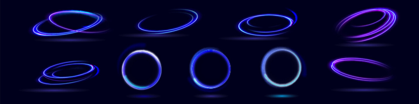 Neon swirl. Curve blue line light effect. Abstract ring background with glowing swirling background. Energy flow tunnel. Blue portal, platform. Magic circle vector.