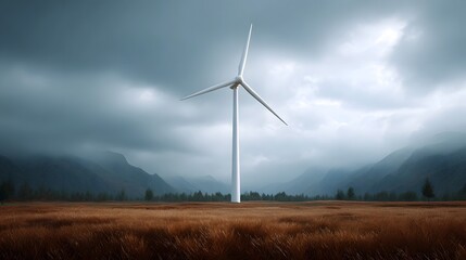 A solitary white wind turbine stands tall in a dry grass field with misty mountains and a dramatic cloudy sky in the background