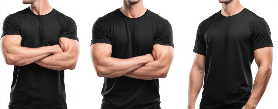 man in black t-shirt mockup, three different poses with isolated white background. male model wearing a blank black t-shirt template mock-up for design presentation of his arm muscles and chest