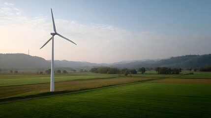 Fototapeta premium A lone white wind turbine stands tall in a lush green and brown agricultural field at sunrise with rolling hills in the background