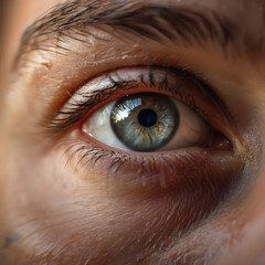 Close-up macro of a man's blue eye showing the iris, pupil, and detailed view of the eyelashes, eyebrow, and skin